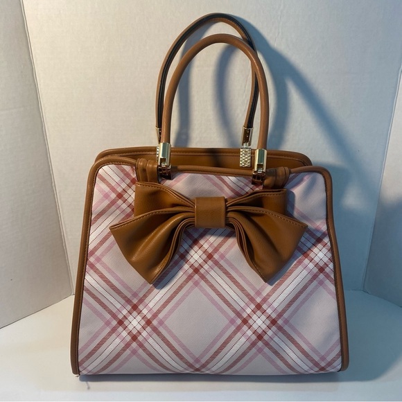 Adorable pink plaid handbag purse with big brown bow - Picture 1 of 8